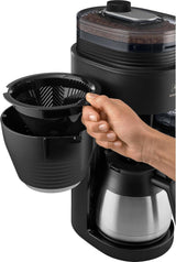 Melitta AromaFresh Therm Pro X - Espresso kávovar s filtrem, integrovaným mlýnkem, vyjímatelnou nádržkou na vodu, nerezovou termokarafou a funkcí časovače, až na 8 šálků kávy, černá/stříbrná