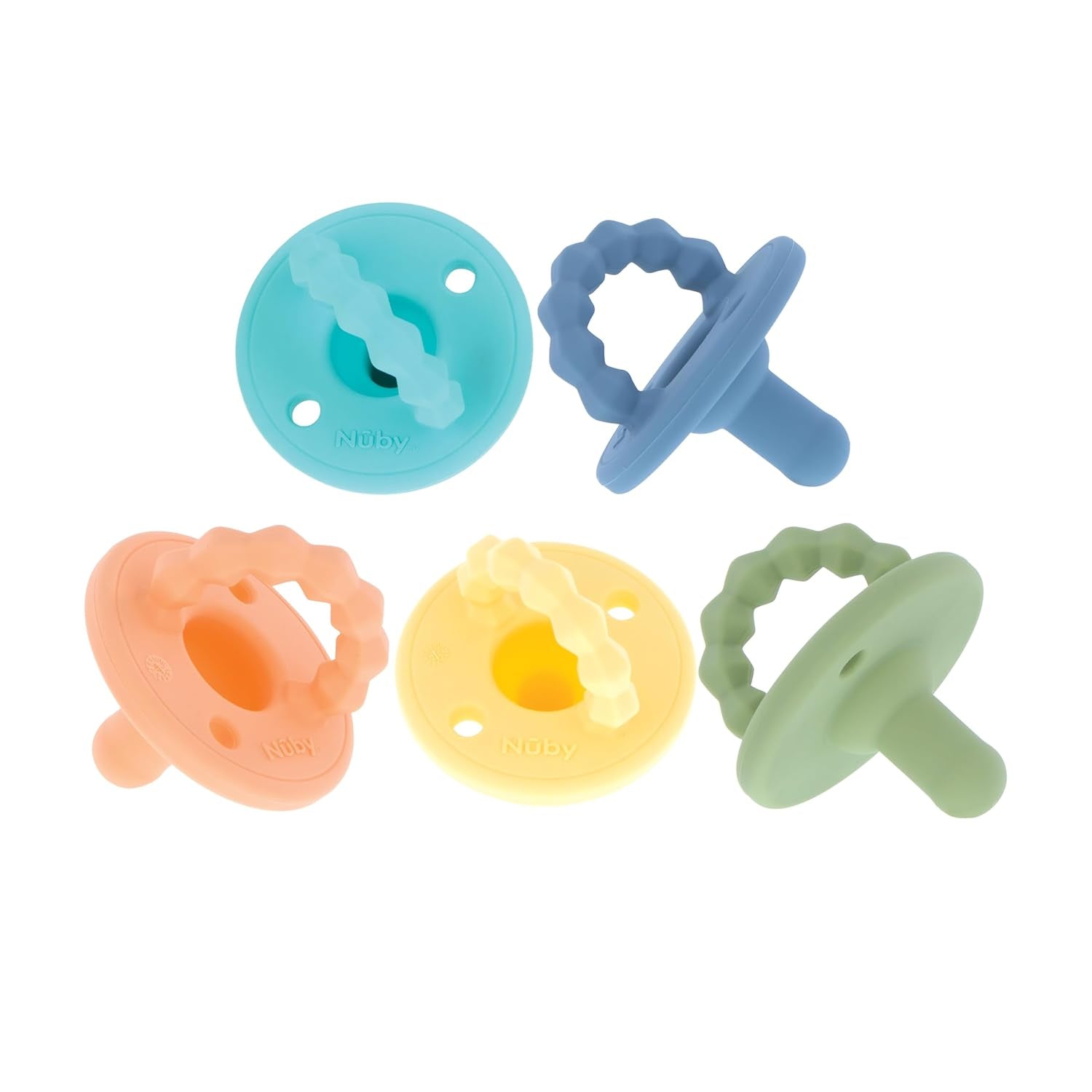 Nuby – Sada 5 ks měkkých silikonových ortodontických dudlíků a dudlíků | 3 modely pro den a noc | 2 modely, které svítí ve tmě | Bez BPA | Tvar podobný prsům | Na 18-36 měsíců