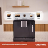 Plně automatický espresso kávovar GRUNDIG KVA 6230 s napěňovačem mléka, nerezový mlýnek s 13 nastaveními mletí, nádoba na kávová zrna 250 g, vyjímatelná nádrž na vodu 2 litry, tlak čerpadla 19 bar, dotykový displej, černá