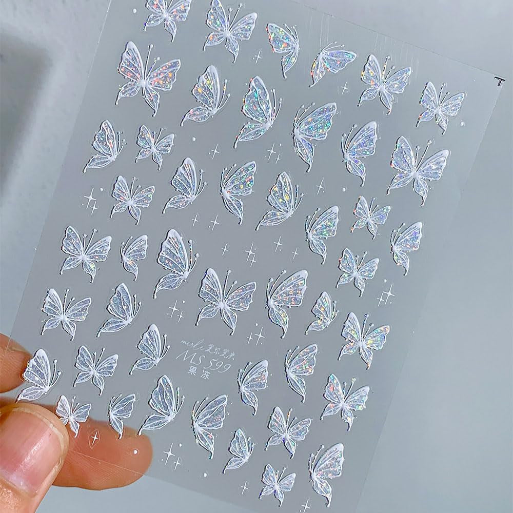 Aurora Muschel Schmetterling Samolepka na nehty Weiß Schmetterlinge Samolepka na nehty Gelee Relief Butterfly Nagelaufkleber Y2K Butterflies Nagel Sticker Nägel Nageldesign Nagel Zubehör Samolepky na nehty Nailart