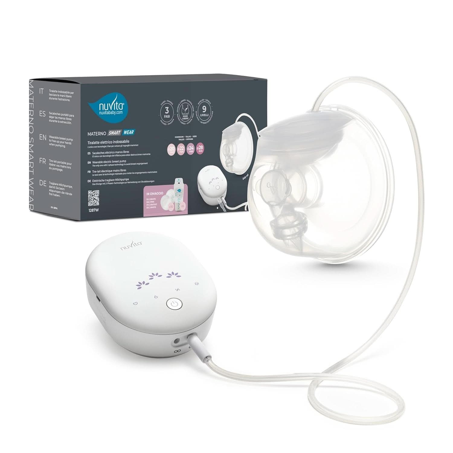 Nuvita Materno Smart Wear 1287W - Hands-free přenosná elektrická odsávačka mateřského mléka - 3fázová technologie, přizpůsobitelná, přenosná, k dispozici sada pro převod dvojité odsávačky mateřského mléka Příslušenství Jídlo a kojení Bebe Naty Shop