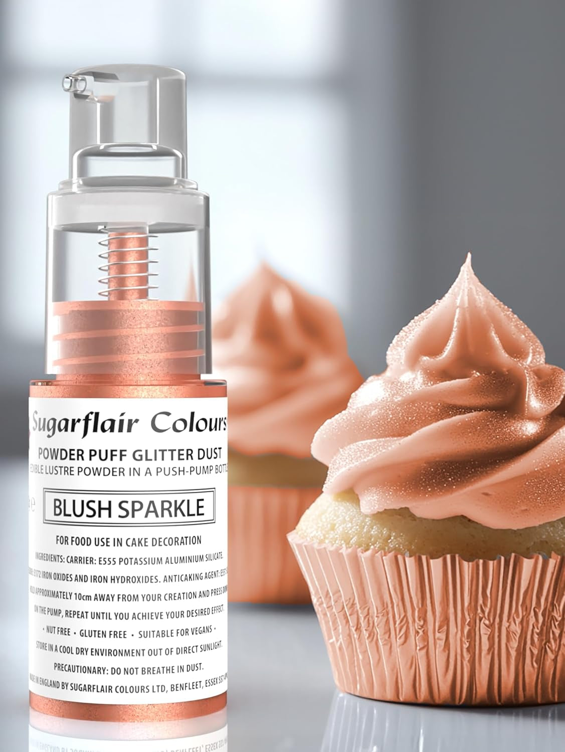 Sugarflair Pump Powder Spray, Glitter, Blush, Glitter - potravinářská barva na dorty, bezaerosolový sprej na dorty, muffiny a další - 10 g