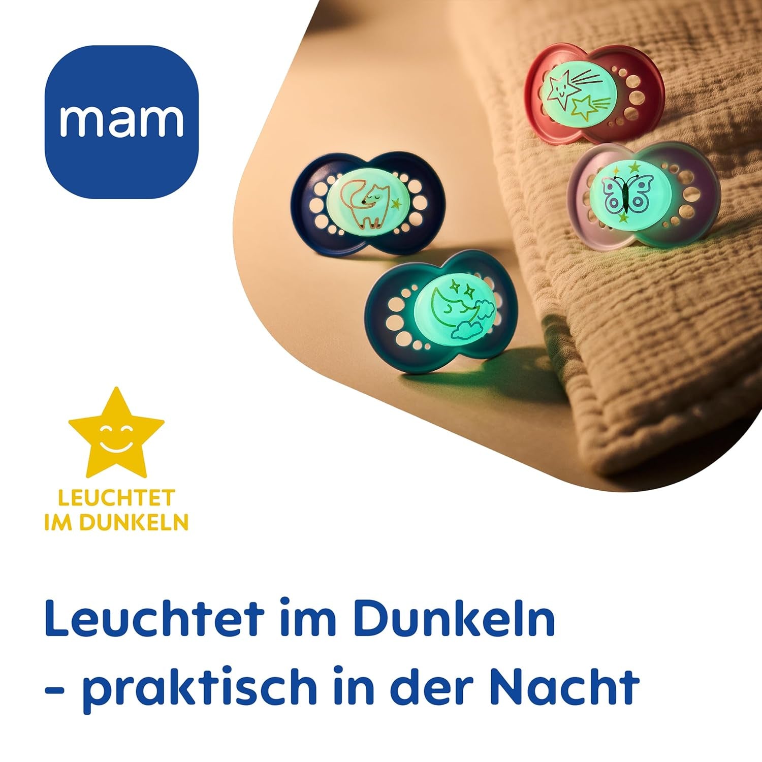 Originální matný dudlík MAM Day & Night | 6-16 měsíců | Přijetí 94 % | Dětský dudlík pomáhá předcházet nežádoucímu zarovnání zubů | Vyvinuto ve spolupráci se zubními lékaři | Silikonový SkinSoft | Liška/měsíc | Balení po 4 kusech