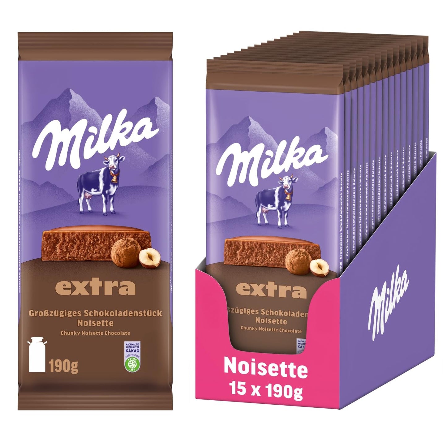 Milka Extra Noisette – Čokoláda z alpského mléka s jemnou a krémovou lískooříškovou náplní – 15 x 190 g