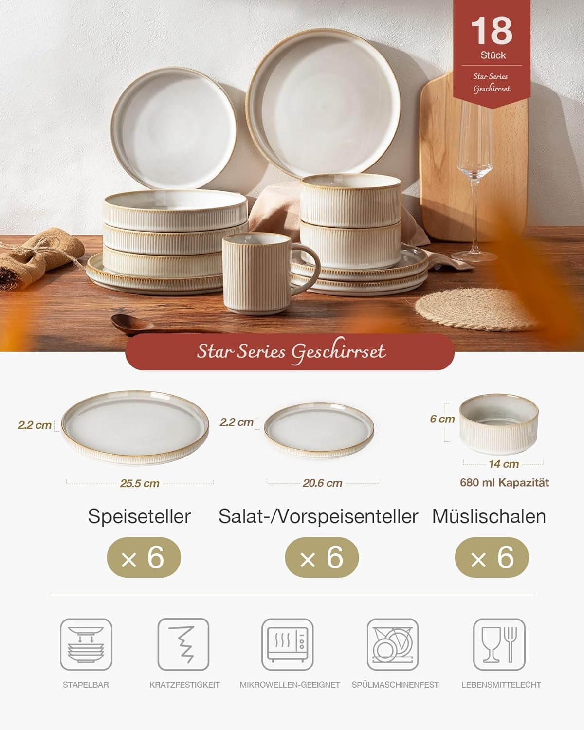 Star 18dílná sada jídelního nádobí, sada nádobí pro 6 osob, porcelán, odolná proti poškrábání, vhodná do mikrovlnné trouby a myčky, cappuccino bílá