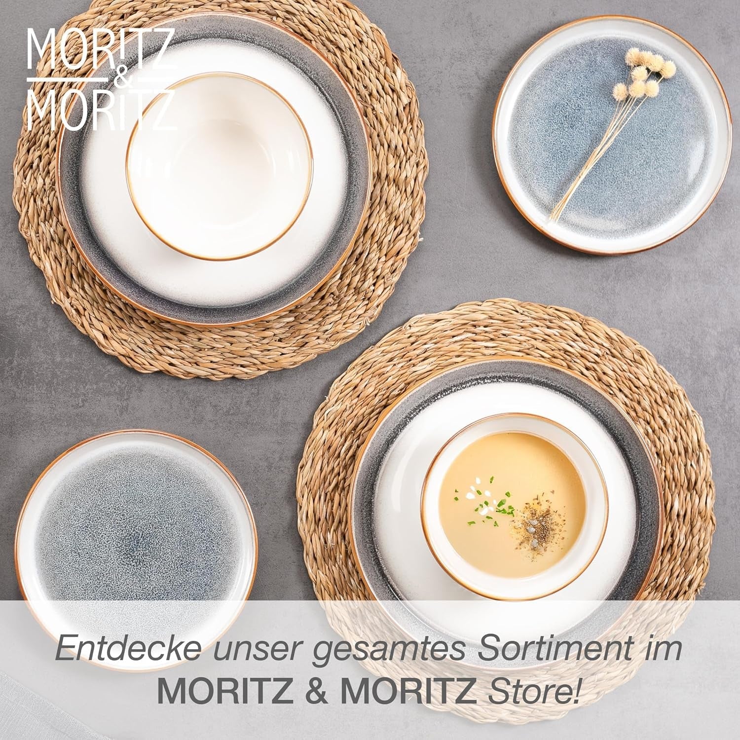 Moritz & Moritz TARENTO 24dílná sada nádobí pro 6, šedá - Elegantní vysoce kvalitní sada kameninových talířů - Sada nádobí obsahuje 6 talířů, 6 dezertních talířů, 6 talířů a 6 šálků