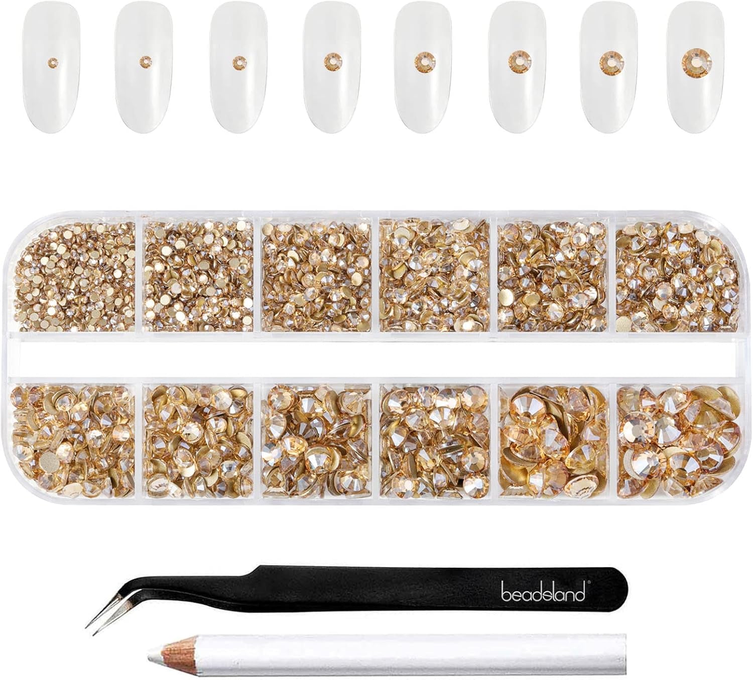 Beadsland 2500 ks Glas Nailart Strasssteine ​​​​Kristall Flatback Edelsteine ​​Runde, ​​Für Handwerk Gemischt 8 Größen SS4 ~ SS30 Mit Picking Pinzette Und Stift (Kristall Weiss)