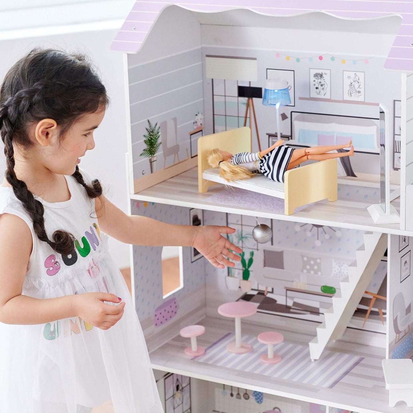 Obří domeček pro panenky Teamson Kids Olivia's Little World se 16 doplňky pro panenky, dřevěný domeček pro panenky s nábytkem, 3patrový, 30 cm domeček pro panenky pro děti, věk 3+