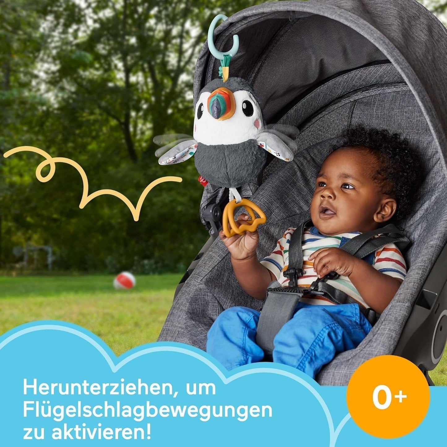 FISHER-PRICE Flap & Go Toucan - Plyšová hračka do kočárku podporuje jemné motorické a smyslové dovednosti u novorozenců od narození HNX66 Baby Toys Naty Shop