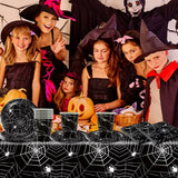 49dílná sada papírových příborů Halloween Spider včetně talířů, ubrousků, sklenic a ubrusu. Černá sada nádobí s dezertními talířky, ubrousky a skleničkami.