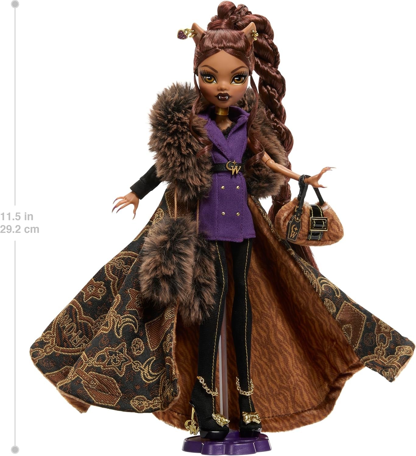 Panenka Monster High Dům vlků Clawdeen Wolf Sběratelská figurka s umělou kožešinou Žakárový kabát Purpurová bunda Šaty Zlaté Kalhoty a doplňky JDR66