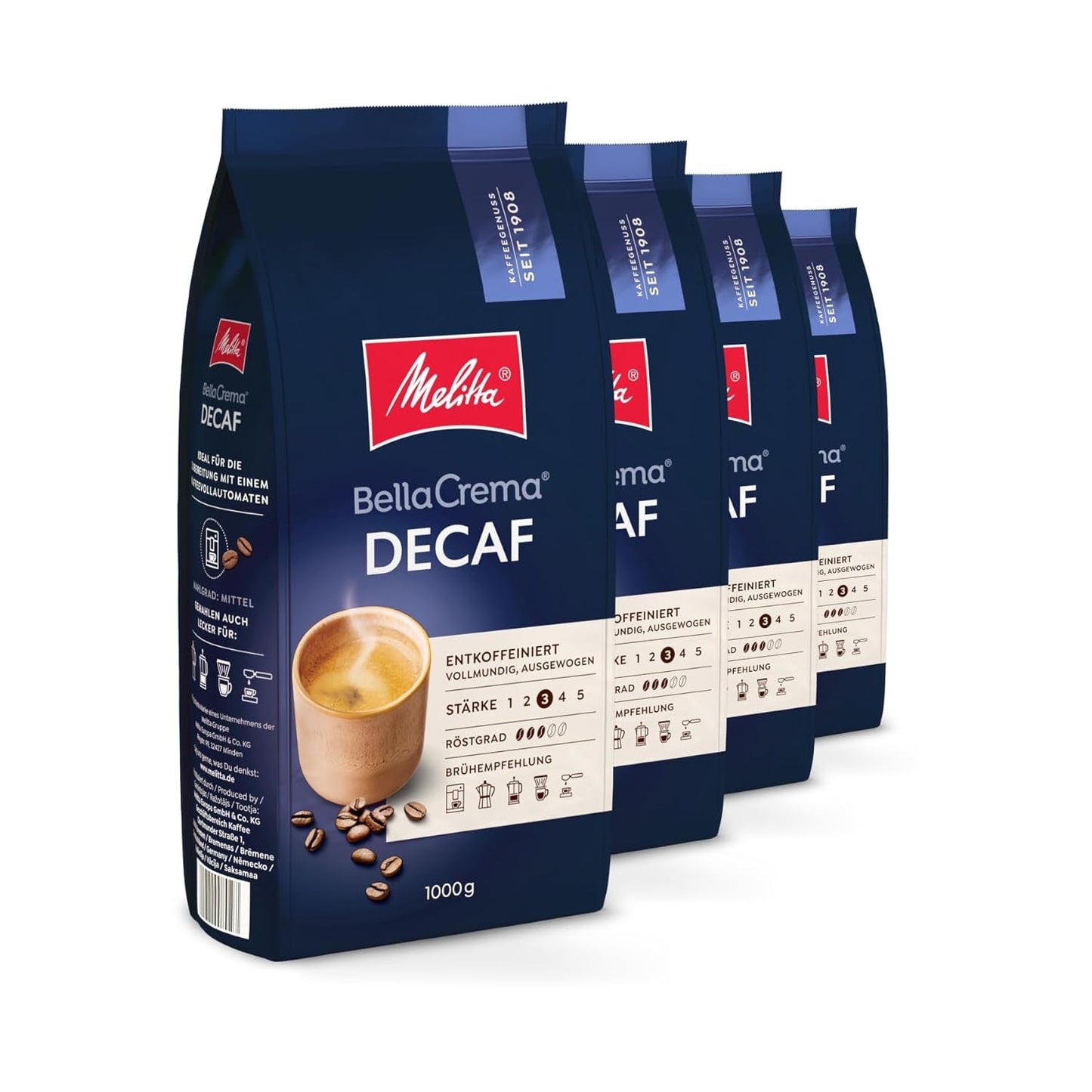 Melitta BellaCrema Kávová zrna bez kofeinu 4 x 1 kg Nemletá kávová zrna pro plně automatické kávovary Lehce pražená bez kofeinu Německá pečeně 3 síly