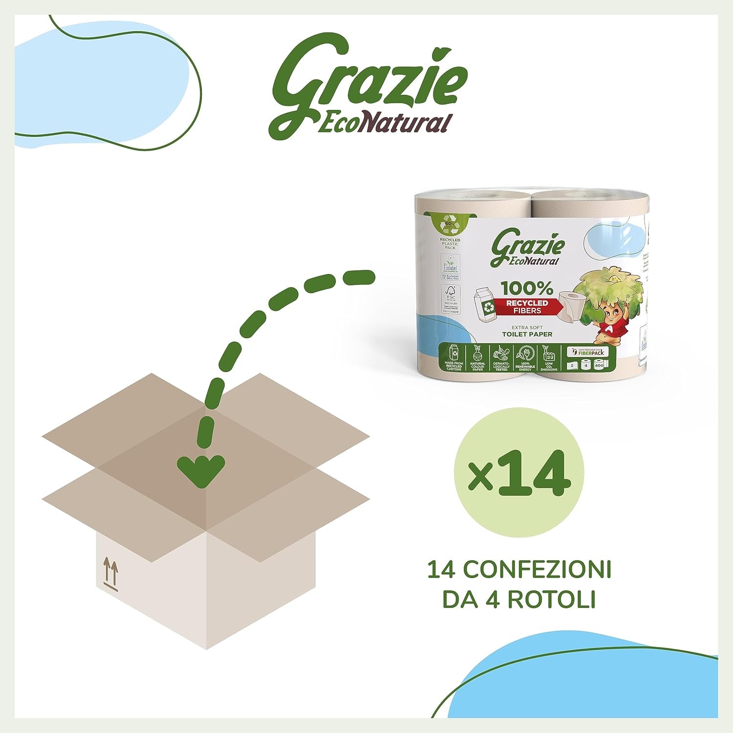 Přírodní toaletní papír Grazie, Econatural, 56 rolí, recyklovaný toaletní papír Fibrepack, 100% ekologický, šetrný k životnímu prostředí, certifikovaný ekoznačkou a recyklovaný FSC, vyrobeno v Itálii