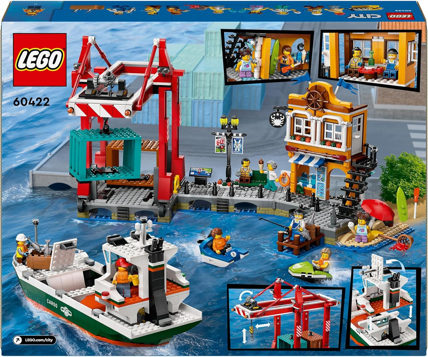LEGO City přístav s nákladní lodí, stavebnice pro chlapce a dívky od 8 let, tip na dárek pro děti, kontejnerový jeřáb, loď na hraní a 8 minifigurek 60422 Stavebnice Besuche den LEGO-Store