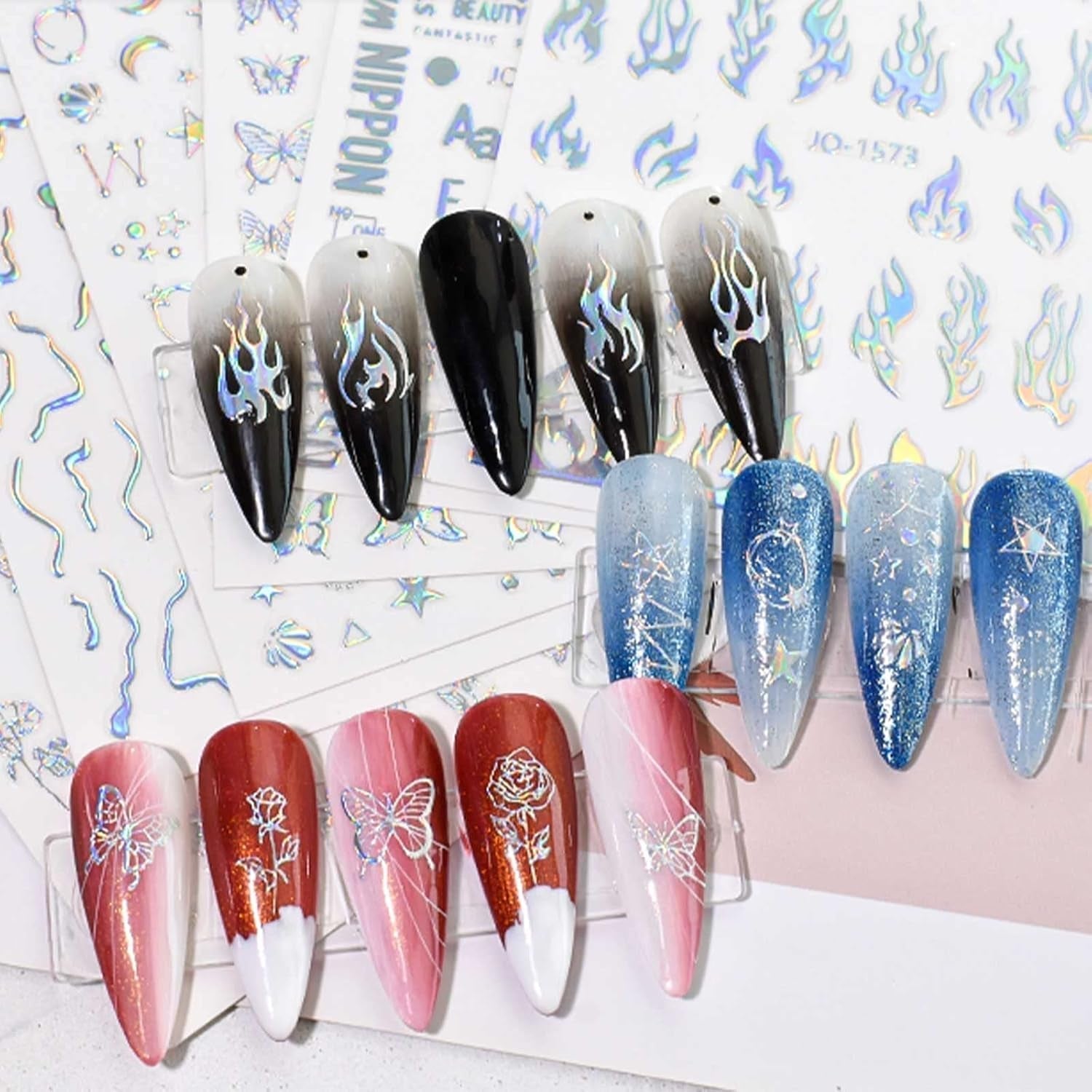 JMEOWIO Nálepka na nehty Aurora Holografisch 9 Blatt Nagelaufkleber Selbstklebend Herz-Flamme Spielt Schmetterlings-Mond Die Hauptrolle Nálepka na nehty Dekoration Nageldesign Zubehör