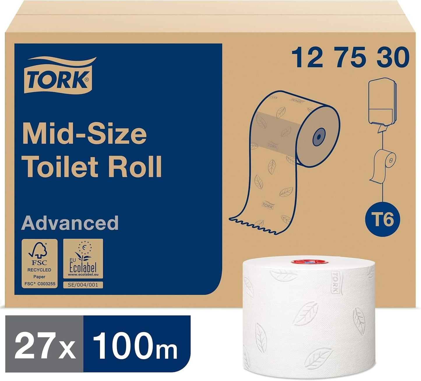 Tork 127530 Advanced Quality Midi Soft toaletní papír pro Tork T6 Zásobník na toaletní papír se dvěma rolemi / 2vrstvý měkký toaletní papír odolný proti roztržení 27 balení (27 X 100 metrů)