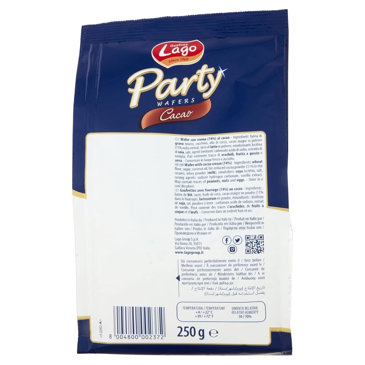 Kakao na párty 250 g, oplatka s kakaovým krémem, 74 % s 5 vrstvami oplatky a sametově čokoládovým krémem