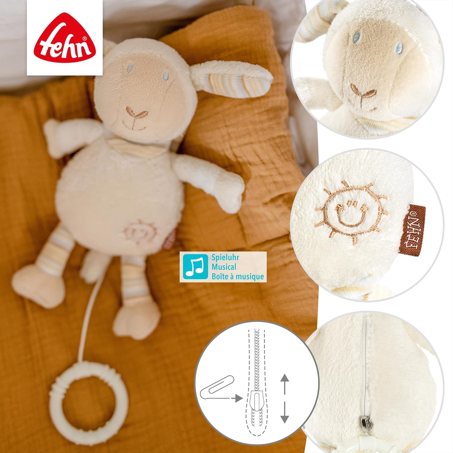 Fehn music box baby sleep aid ovečka - plyšová hračka s nástavcem - uspávací písnička "Brahms lullaby" - dětská hračka na cesty i domů - hudební hračky pro miminka a děti Bebe Naty Shop Toys