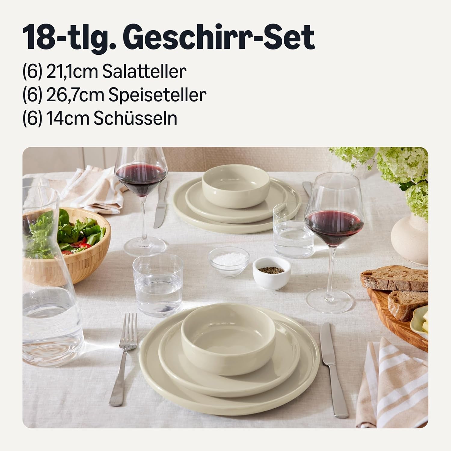 Sada nádobí z glazované kameniny Amazon Basics, 18 kusů, 6 kompletních sad, lze mýt v myčce, slonovina