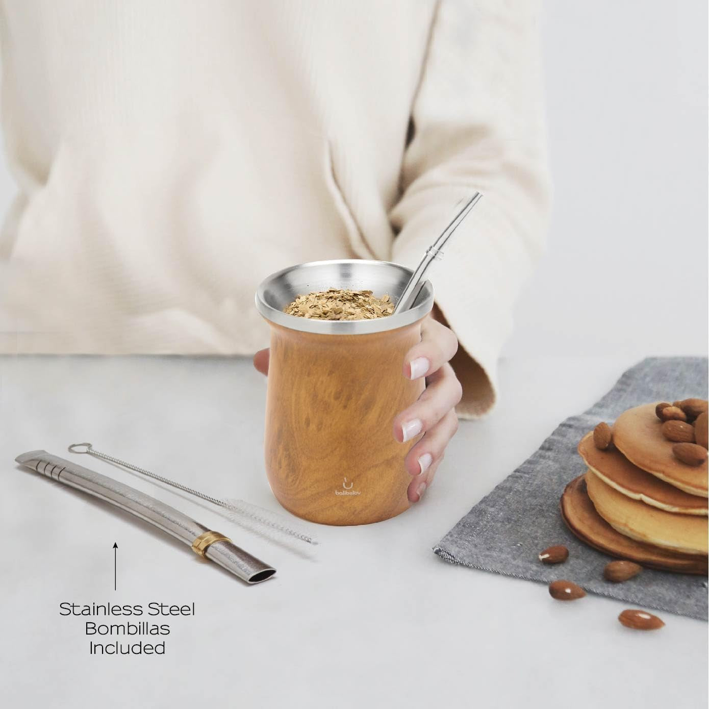 Balibetový čajový set Yerba Mate (hrnek Mate) vyrobený z nerezové oceli s bombillou (brčko) pro maté, Snadno se čistí a velmi odolný set Yerba Mate (DŘEVO)