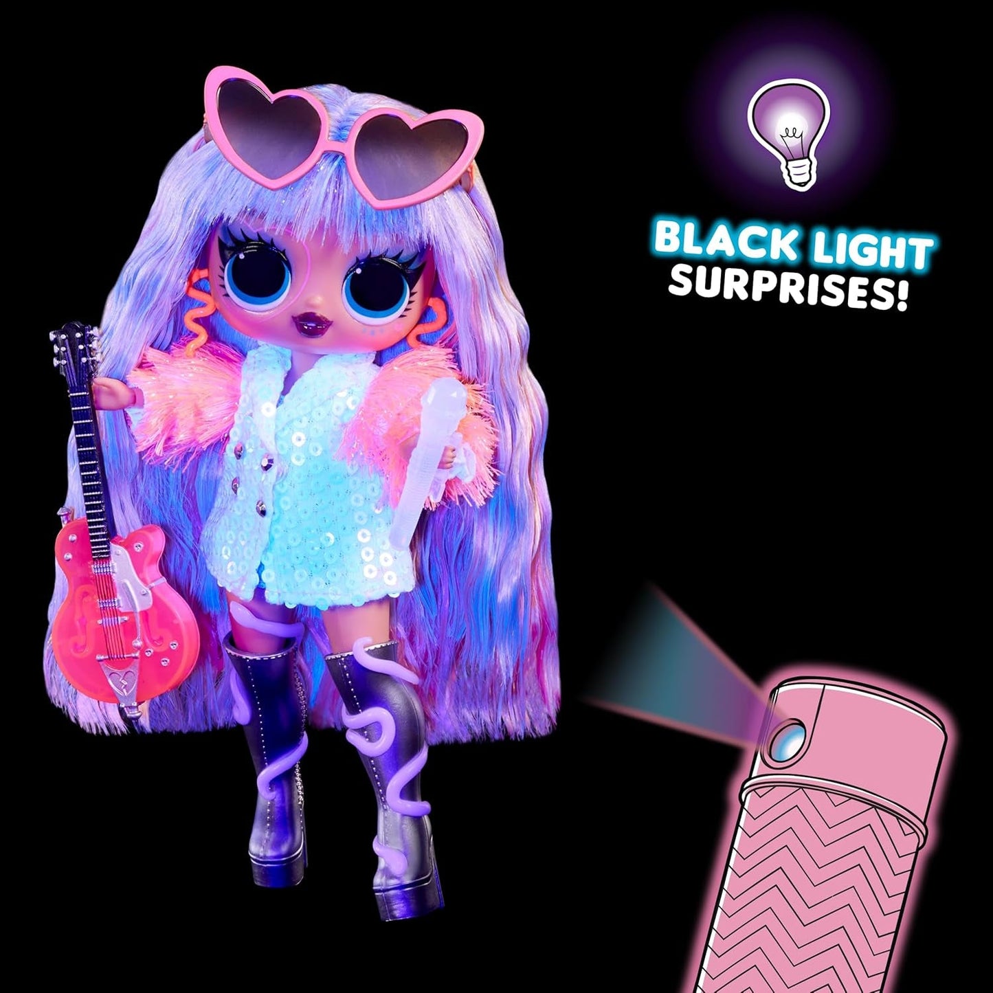 LOL Překvapení! Tweens Neon Pop Stars - Thea Stars - 1 módní panenka s podsvícenými překvapeními a více než 10 oblečením a doplňky Pop Star, včetně její zářivě růžové kytary, dárek pro děti od 4 let
