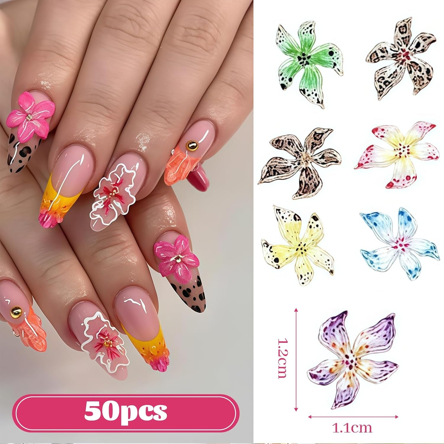 50 Stück 3D Blume Sada kousků na nehty, Bunte Nageldesign Zubehör, Nägel Charms Und Nagel Art Charms, Perfekt Für Nailart, Maniküre Dekoration Und DIY Nageldesign