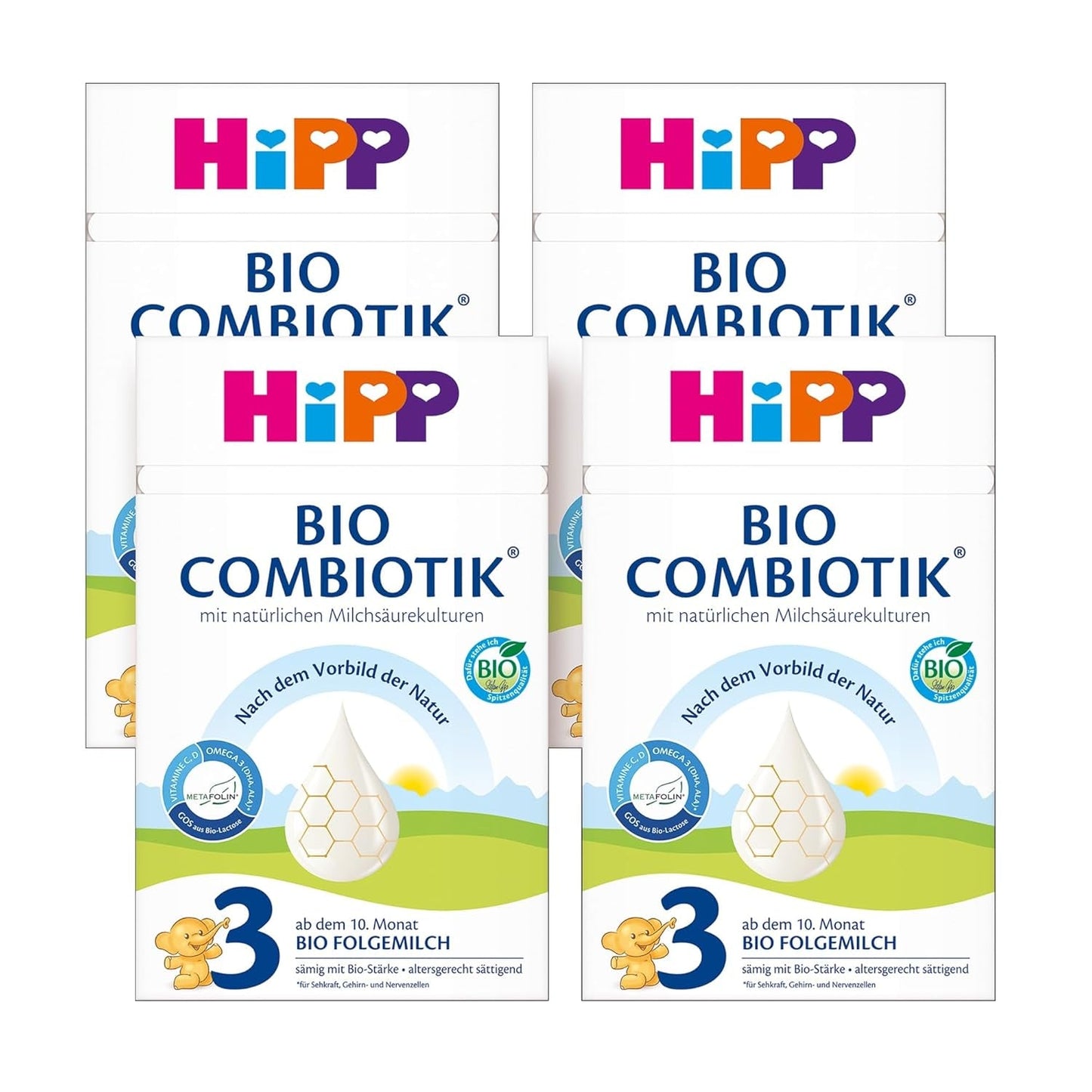 HiPP 3 Bio Combiotik (4 x 600g), pokračovací mléko od 10 měsíců, s přírodními kulturami kyseliny mléčné, vitamíny C a D, GOS, Omega-3 (DHA, ALA), nejlepší bio kvality