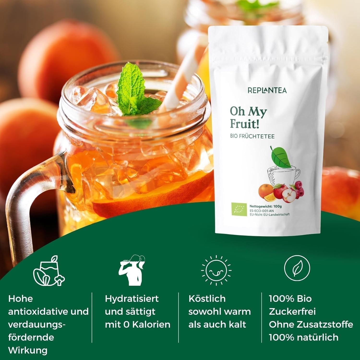 Oh My Fruit BIO ovocný čaj 100 g (50 šálků) | Sypaný ovocný čaj s jablky, ibiškem, malinami, pomeranči a listy stévie REPLANTEA