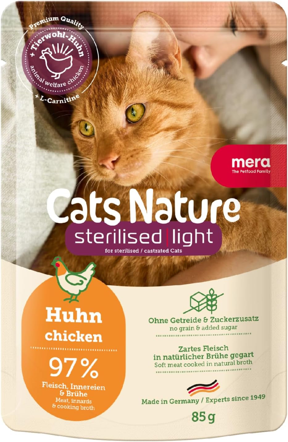 MERA Cats Nature Wet Sterilized/Light Chicken Food 12x85g | Pro sterilizované/kastrované kočky | Bez cukru a obilí | Vlhké krmivo s nízkým obsahem tuku a vysokým obsahem masa