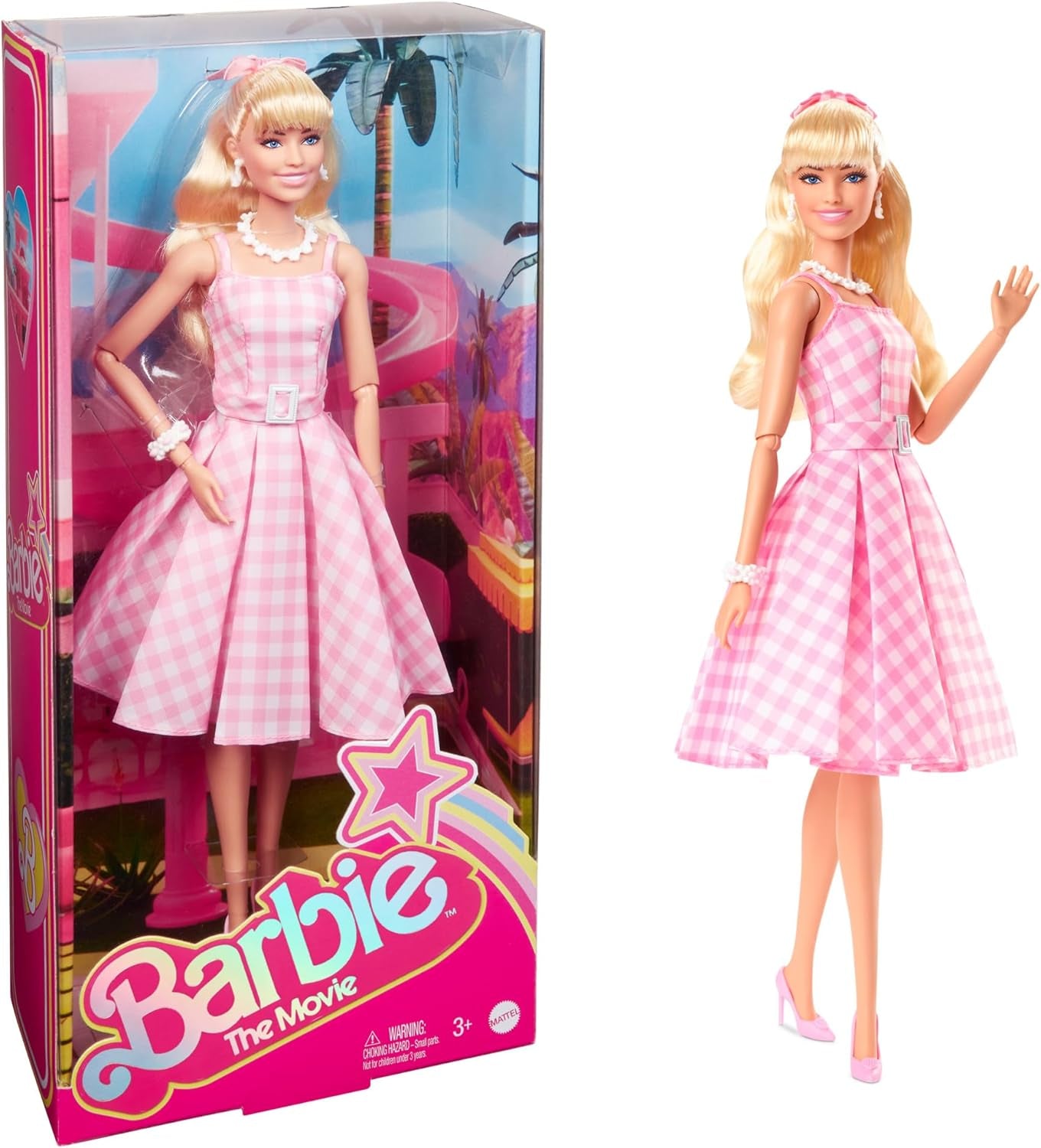 Panenka Barbie Filmová panenka v růžových a bílých šatech a náhrdelník Daisy Margot Robbie Sběratelská hračka pro 3 roky HPJ96