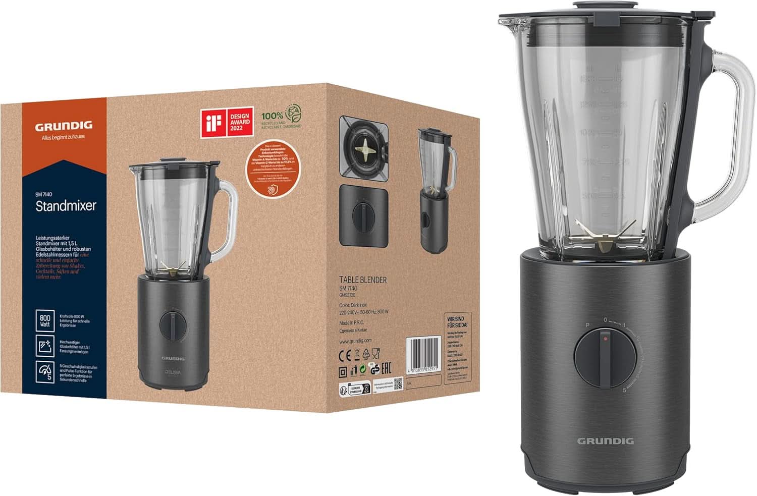 Grundig Delisia Novus SM 7140 Professioneller stojanový mixér, 1,5 litru, 800 Watt, 6fach Edelstahlmesser Mit Zirkonium-Beschichtung, 5 Geschwindigkeitsstufen + Pulse-Funktion, Dark Inox/Edelstahl Kitchen Naty Shop