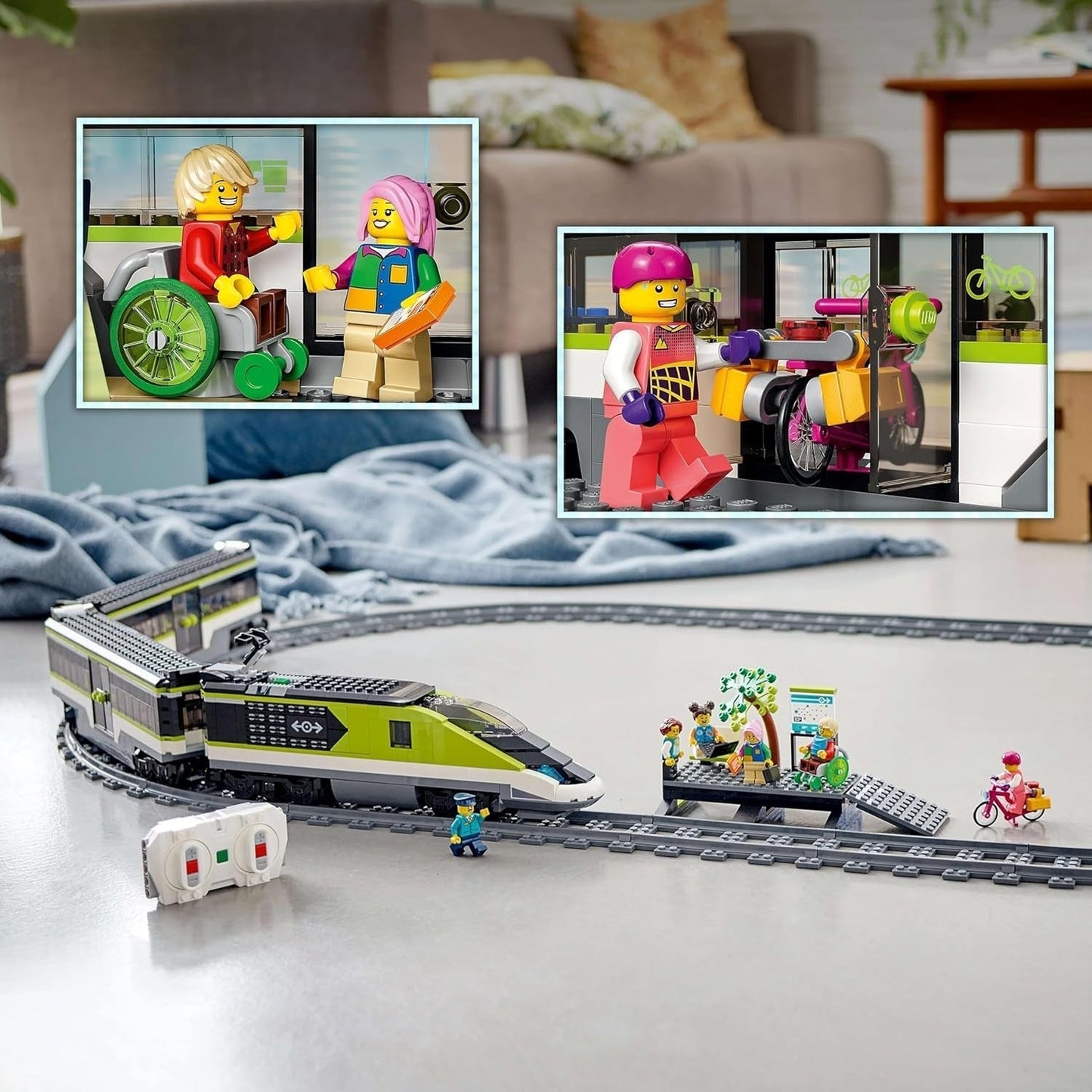 Osobní expresní vlak LEGO City, souprava vlaku na dálkové ovládání, železniční hračka se světlomety, 2 kočárky a 24 kolejových prvků, dárek pro děti, chlapce a dívky 60337 Stavebnice Besuche den LEGO-Store