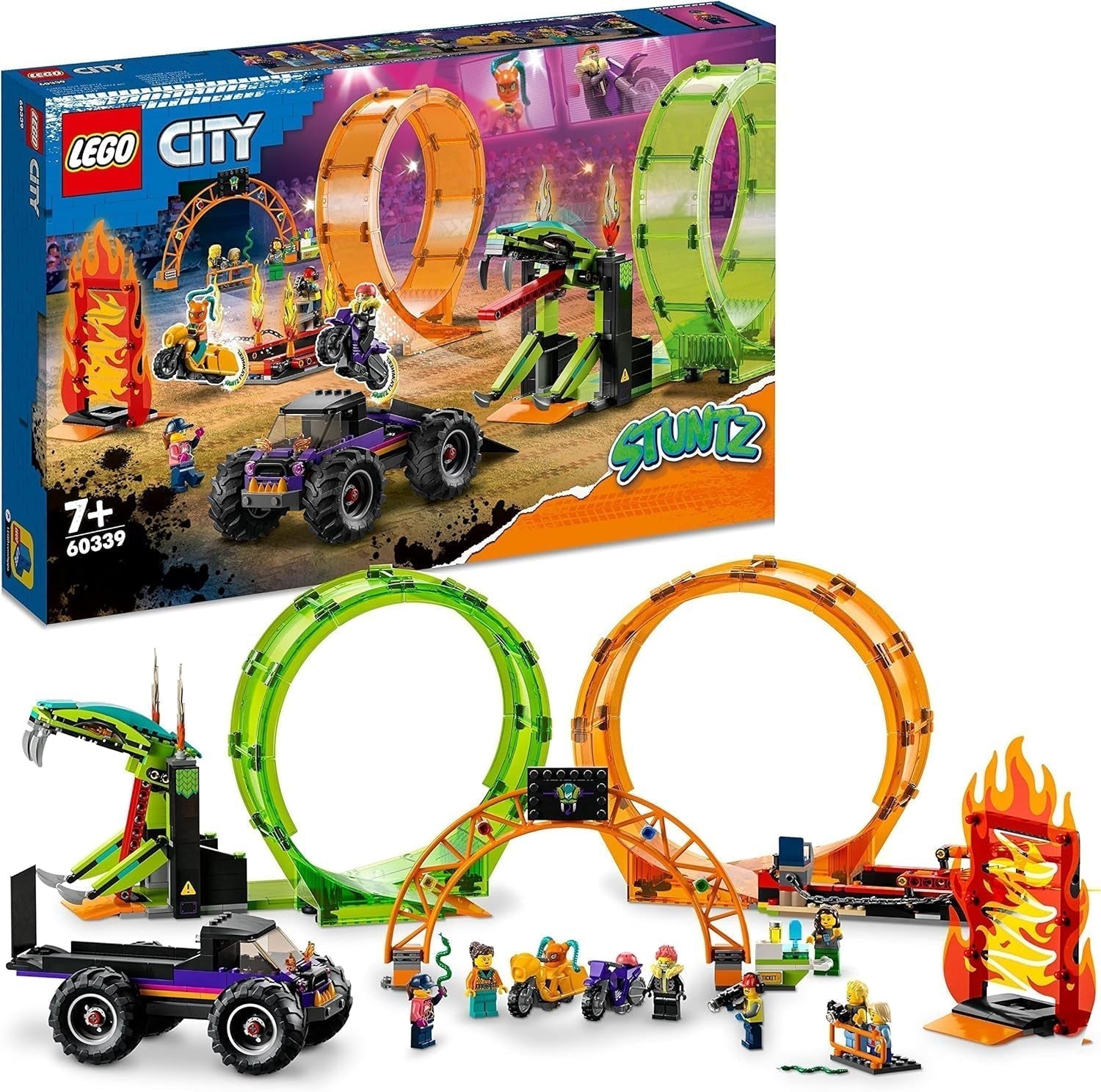 LEGO 60339 City Stuntz Stuntz Show Double Looping Set, vč. rampa, monster truck, 2X motocykl a 7 minifigurek, hračka pro děti od 7 let Stavebnice Besuche den LEGO-Store Single