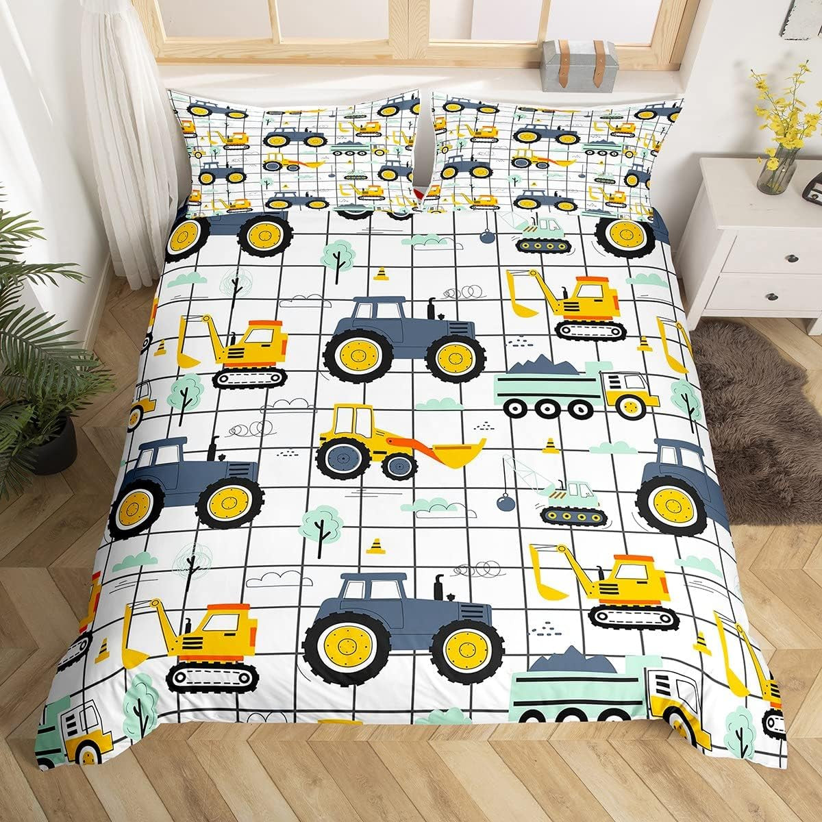 Jungen Cartoon Auto Bedtuchen Set 135X200,Kinder Bau Fahrzeuge Tröster Abdeckung Für Kind Kleinkind Teens,Dinosaurier Bettbezug,Traktor Maschinerie Bagger Bettdecke Abdeckung,Lkw Autos Bedtuchen Naty Shop Multi 13 200*800