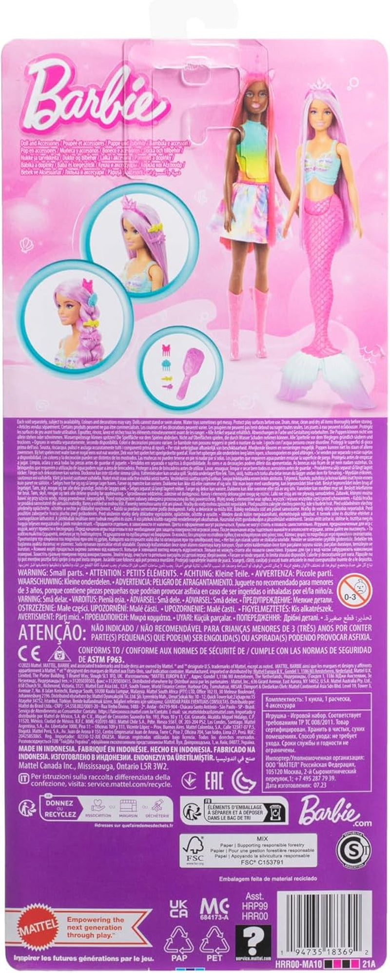 Panenka Barbie mořská víla – s dlouhými růžovými vlasy a individuálními stylingovými doplňky, včetně kartáče, krásné hřebenatky a růžové ocasní ploutve, pro děti od 3 let, 00 HRR