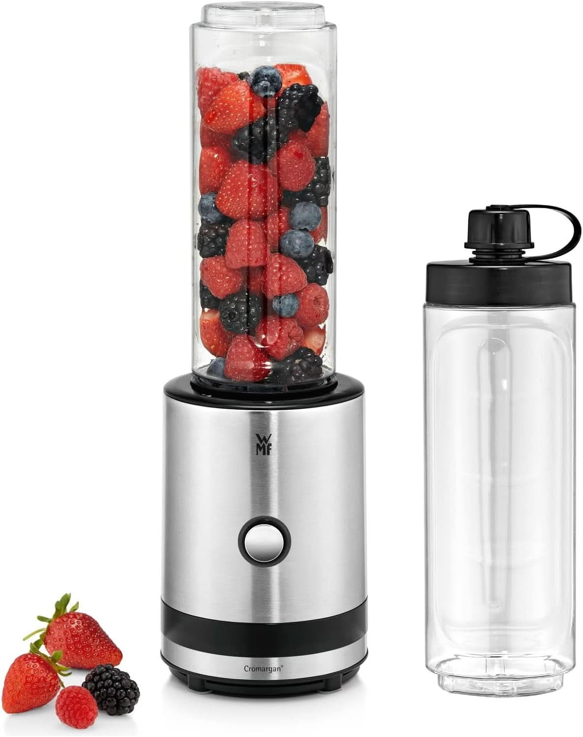 WMF Küchenminis Smoothie-To-Go, Mini stojanový mixér Mit Zwei Mix-/Trinkbehältern 0,6L, Mixér Hochleistungsmixer 300 W, Edelstahl Matt, Schwarz Kitchen Naty Shop Edelstahl