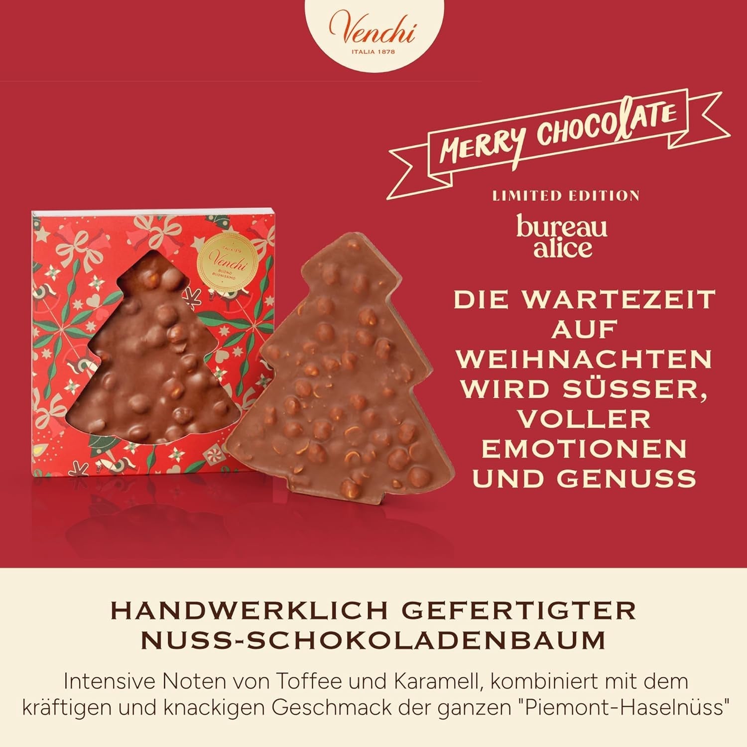 Venchi, Brutto&Buono, ručně vyráběná mléčná čokoláda ve tvaru jedle "Piedmont Forest Hazelnut", 200 g, bez lepku, limitovaná edice vánoční kolekce, tip na dárek