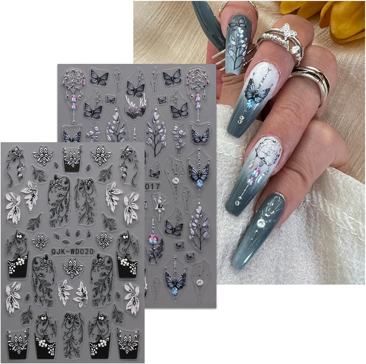 JMEOWIO Nálepka na nehty Schwarz Weiße Blume 6 Blatt Nálepka na nehty Selbtklebend Nagelaufkleber Frühling Letní květinová dekorace Nageldesign Zubehör