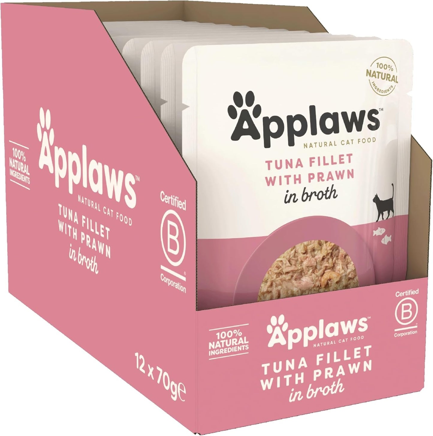 Applaws Premium Natural mokré krmivo pro kočky, filety z tuňáka s tichomořskými krevetami v polévce, 70g porce sáčků (12 x 70 g)