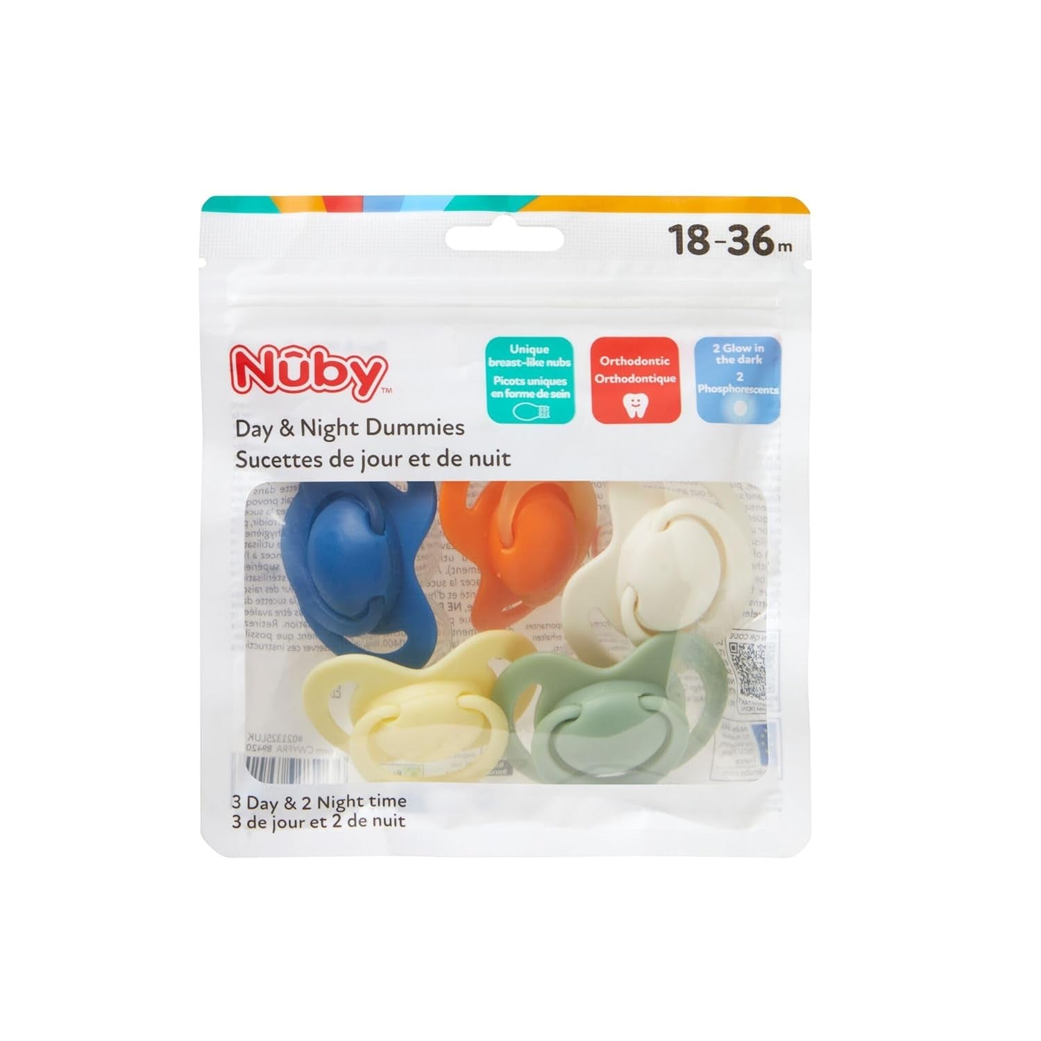 Nuby – Sada 5 ks měkkých silikonových ortodontických dudlíků a dudlíků | 3 modely pro den a noc | 2 modely, které svítí ve tmě | Bez BPA | Tvar podobný prsům | Na 18-36 měsíců