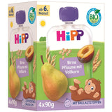 HiPP bio hruškové a švestkové sáčky, celozrnné, 16 kusů (4 balení po 4 x 90 g), pro děti od 6 měsíců, bez přidaného cukru, veganské, nejlepší bio kvalita