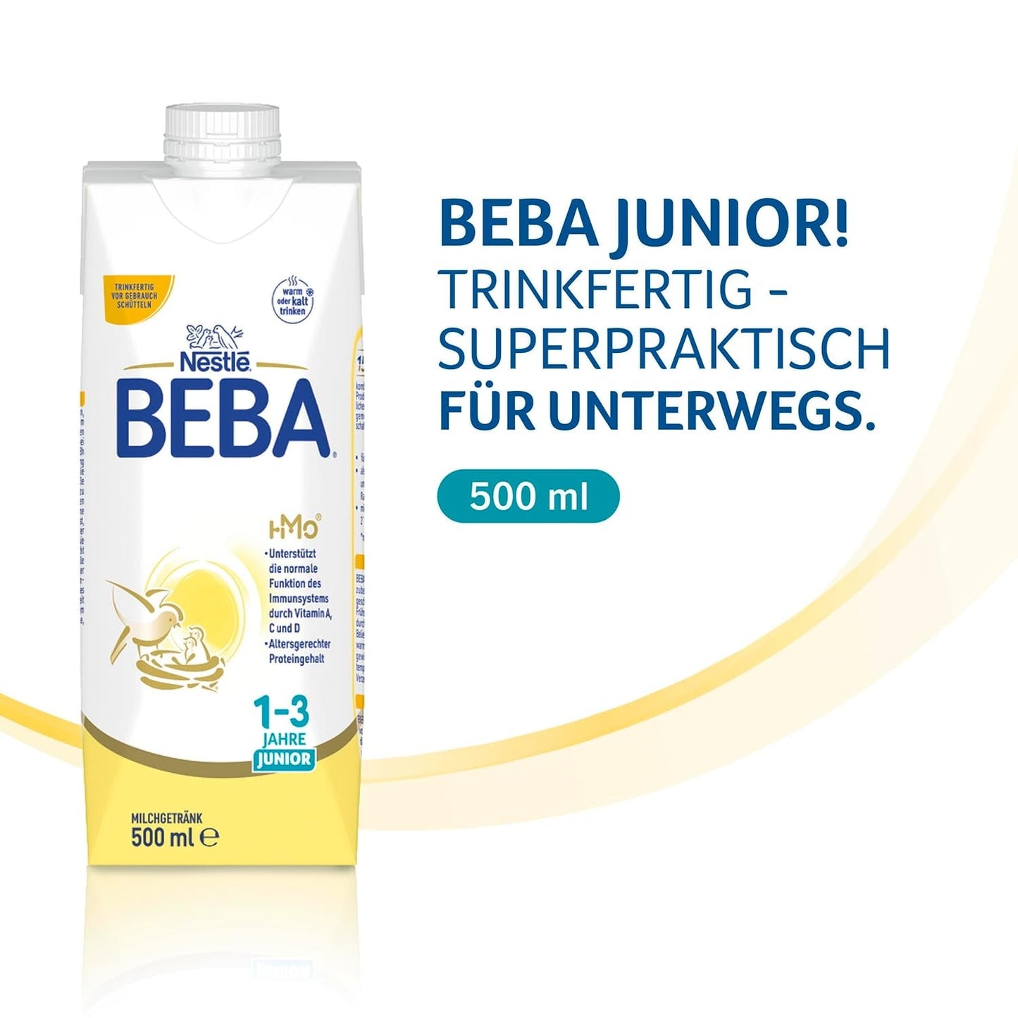 BEBA Junior hotový mléčný nápoj 1-3 roky, s HMO, obsah bílkovin odpovídající věku, bez palmového oleje, bez rybího tuku, krmivo pro batolata, balení 12 ks (12 x 500 ml)