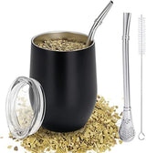 Moderní hrnek Mate 340 ml, sada hrnků Yerba Mate s dvojitou stěnou z nerezové oceli, hrnek na čaj Mate s víčkem bez BPA, bombillas a čisticí kartáček (stříbrný)
