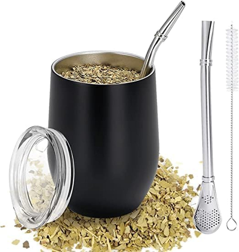 Moderní hrnek Mate 340 ml, sada hrnků Yerba Mate s dvojitou stěnou z nerezové oceli, hrnek na čaj Mate s víčkem bez BPA, bombillas a čisticí kartáček (stříbrný)