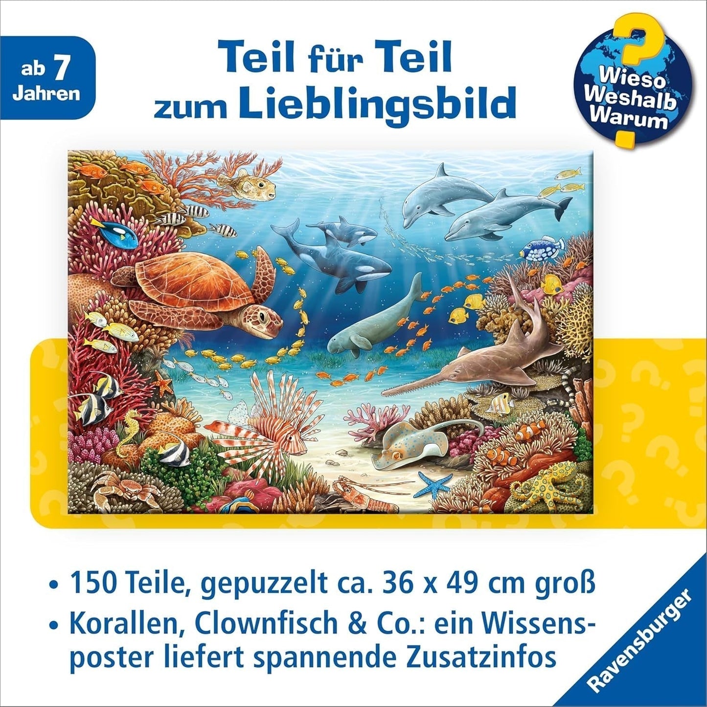 Dětské puzzle Ravensburger 13411 - Mořská stvoření na korálovém útesu - Proč? Proč? Proč? Puzzle 150 dílků XXL + vědomostní plakát, pro děti od 7 let Puzzle Naty Shop