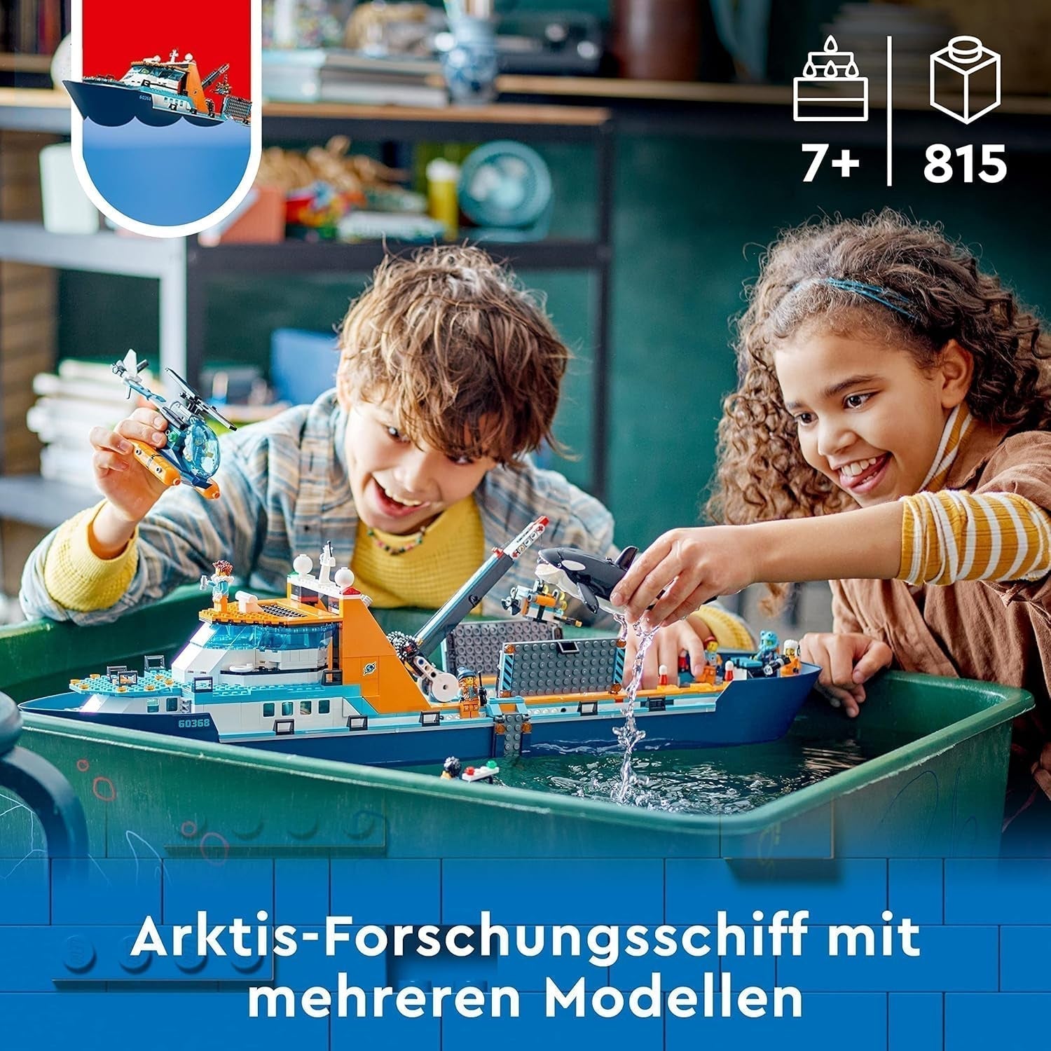 Arktická výzkumná loď LEGO City, velký plovoucí člun s helikoptérou, nafukovací člun, ponorka Rov, vrak vikinga, 7 minifigurek a figurka orky, dárek pro děti starší 7 let 60368 Stavebnice Besuche den LEGO-Store