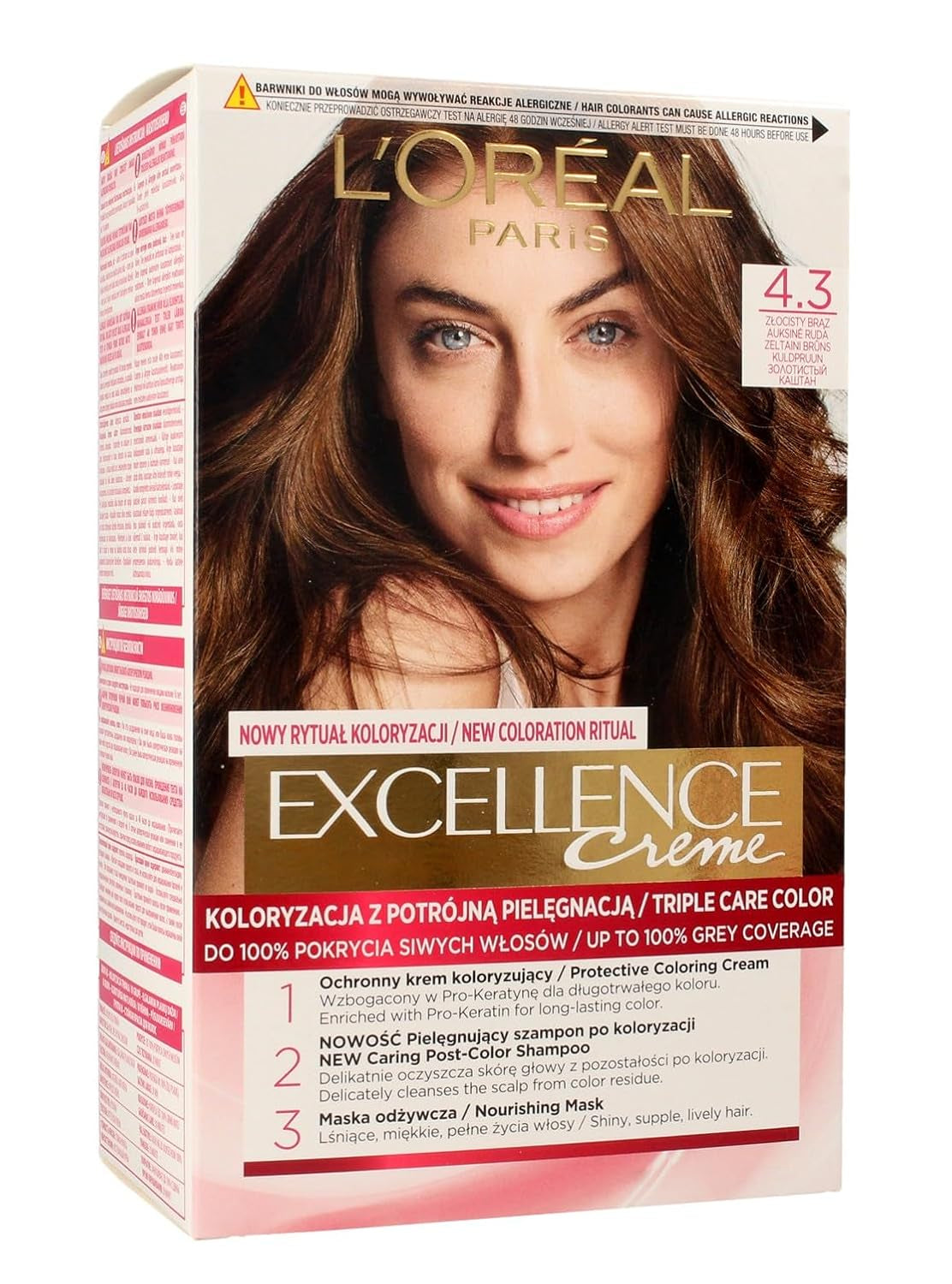 Barva na vlasy L'Oréal Paris Excellence 6.41 - světle jantarová bronzová barva na vlasy Naty Shop 4.3 zlatohnědá