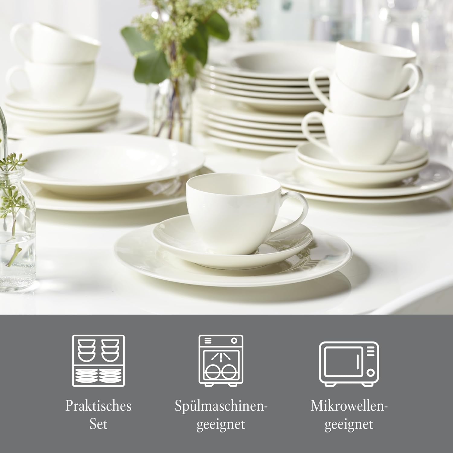 vivo - Villeroy & Boch Group - Basic White 30dílná sada nádobí, vhodné do myčky a mikrovlnné trouby, Bílá sada nádobí, Kávová sada, Keramika, Talíře, Šálky, Premium porcelán