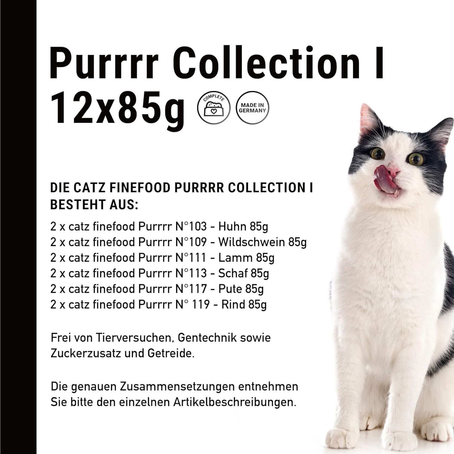Catz Finefood Purrrr Collection I – Monoproteinové mokré krmivo pro kočky – bez obilovin, bez cukru, hypoalergenní – s vysokým obsahem masa – vícenásobné mokré krmivo pro kočky – v sáčcích, 85 g (12 balení)