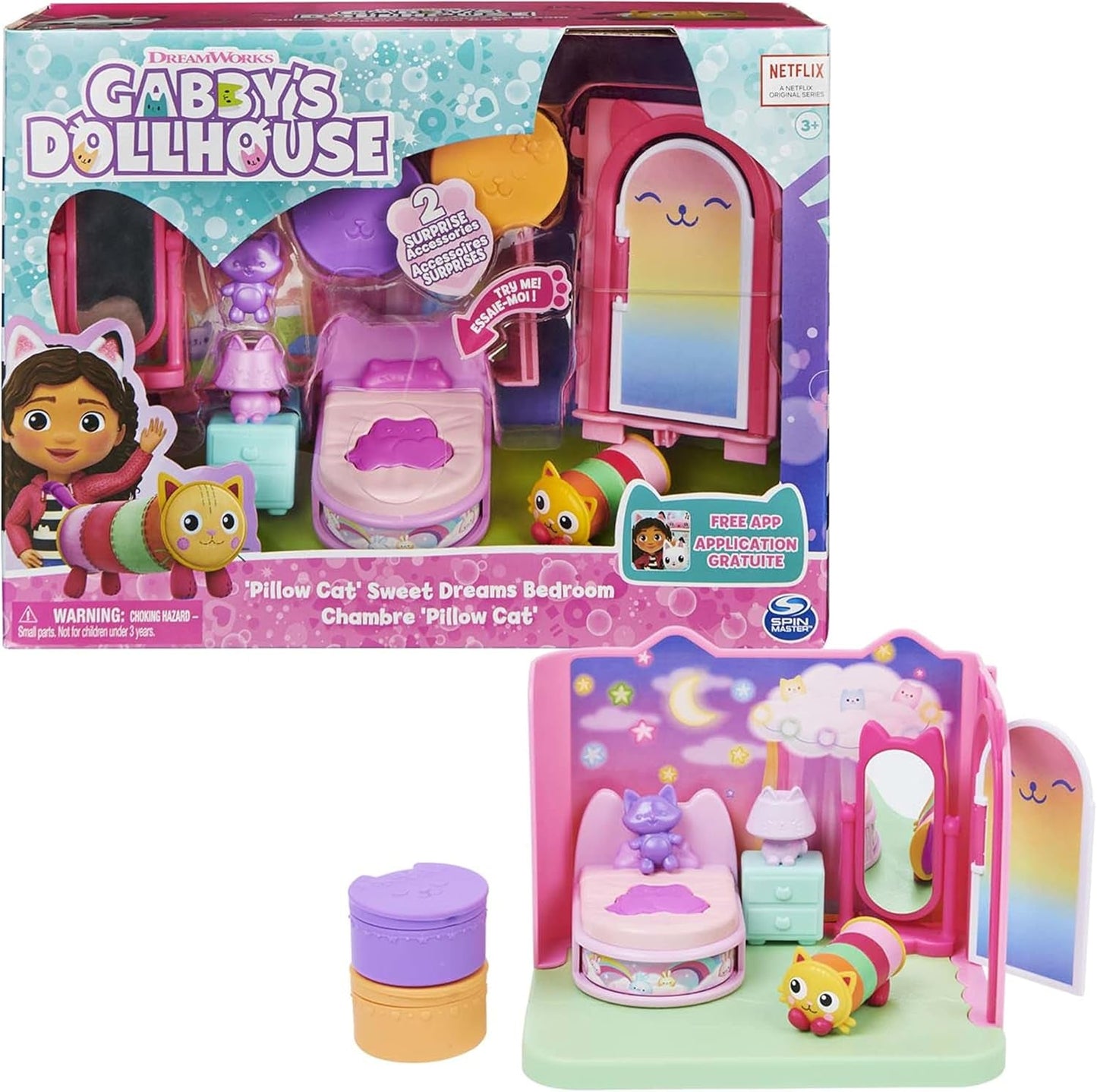 Gabby Dollhouse a Gabby Dollhouse Deluxe Pokoj Sweet Dreams Načechraný kočičí polštář do ložnice Kočka a 3 doplňky 3 kusy nábytku a 2 krabičky s překvapením Vhodné pro děti od 3 let